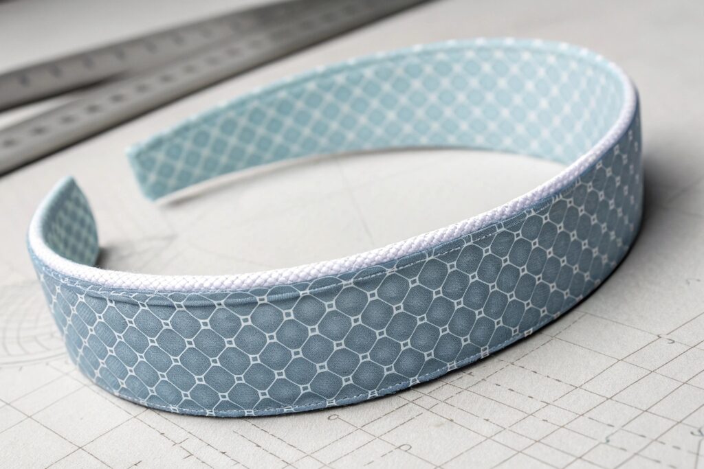 Blue patterned kids headband close-up