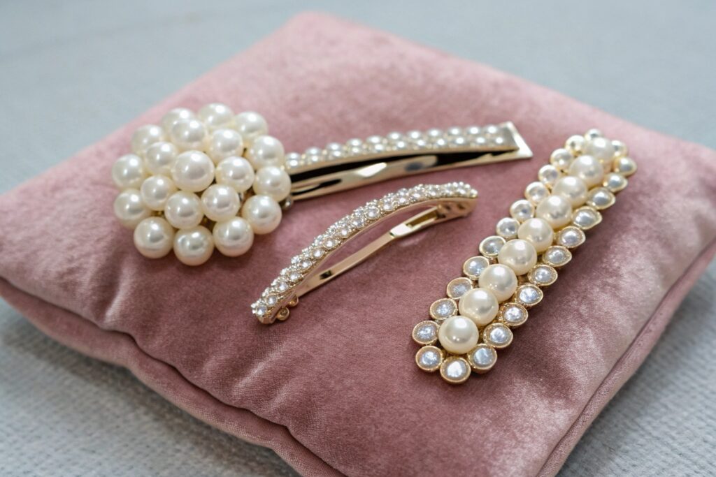 Close-up high resolution product shot of pearl hair clips