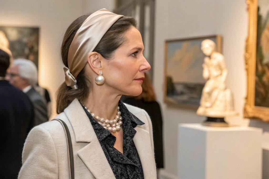 Stylish woman wearing satin headband and pearls at an art gallery