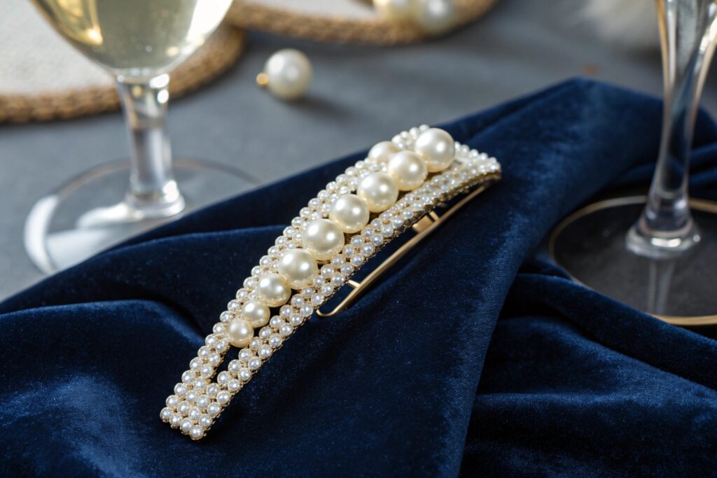 Elegant pearl hair clip on blue velvet background