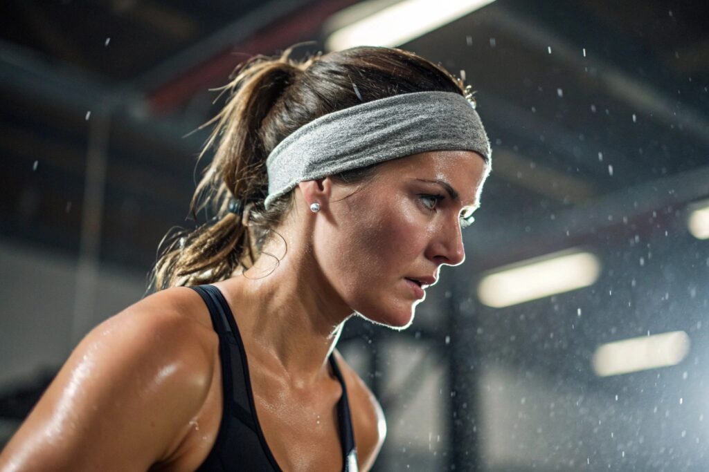 Woman wearing athletic headband during intense workout