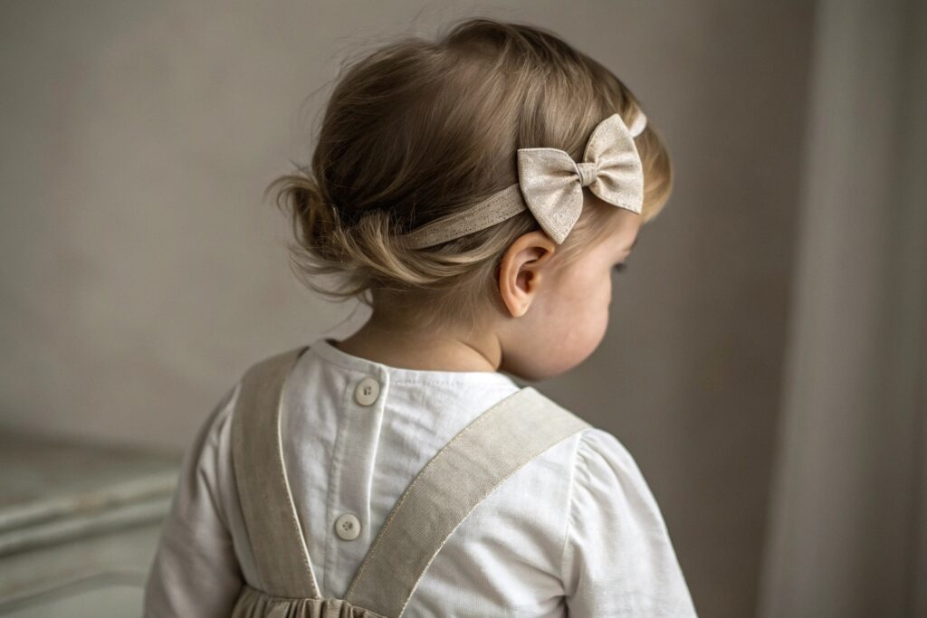 Back view detail shot of a toddler's hair with a bow headband